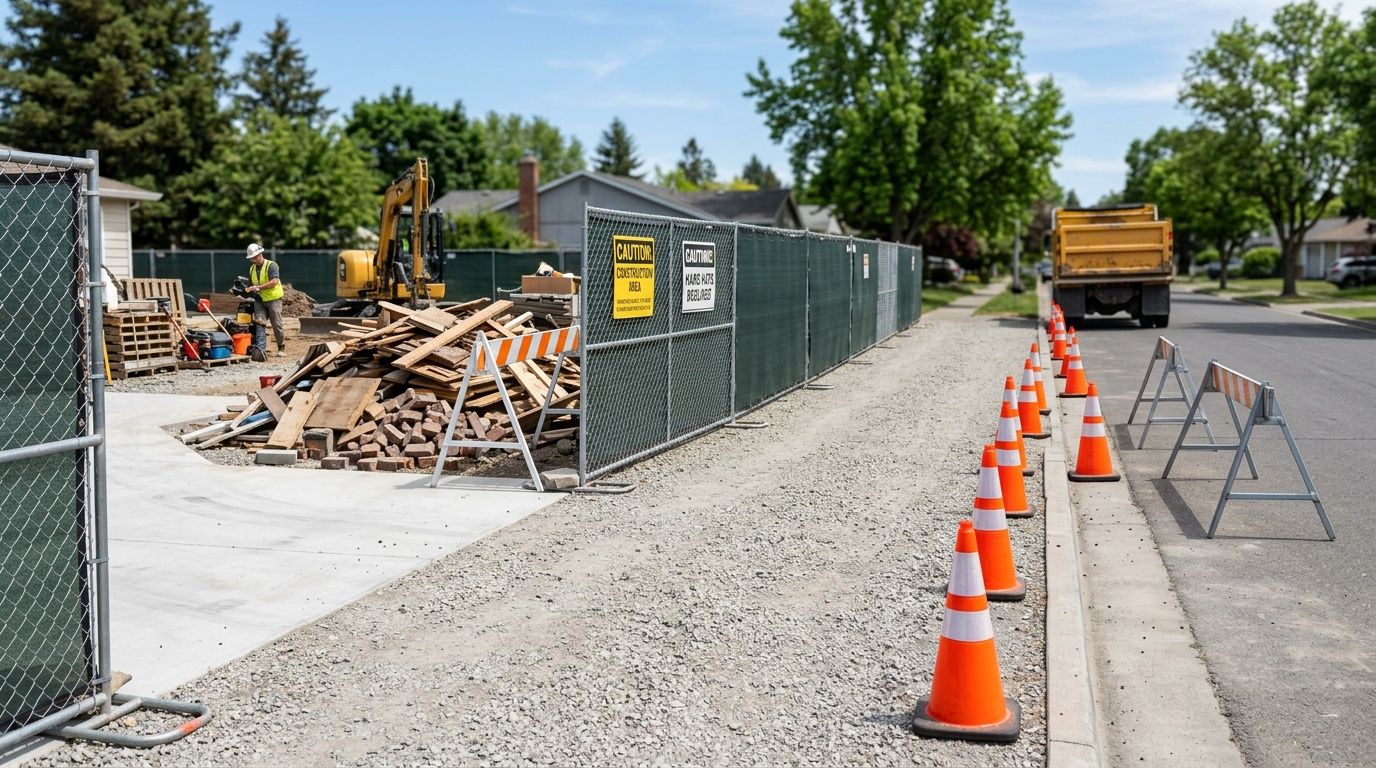 A construction site area with orange traffic cones, a fence, and a pile of wooden debris and bricks.