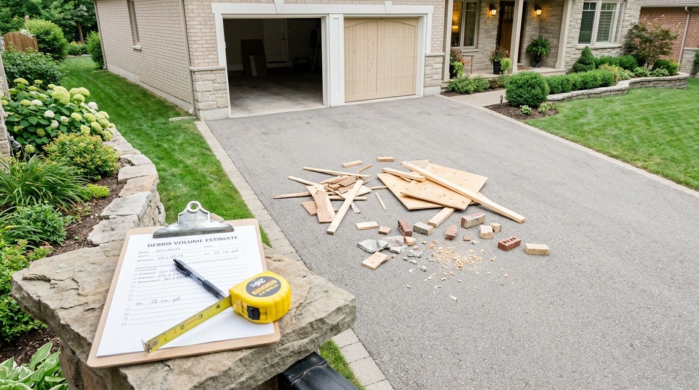 A clipboard with a debris volume estimate sits on a stone pillar near a driveway construction site.