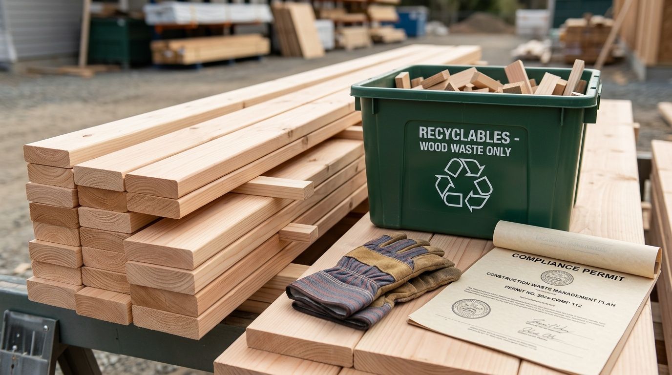 A stack of lumber next to a green recycling bin for wood waste with a compliance permit.