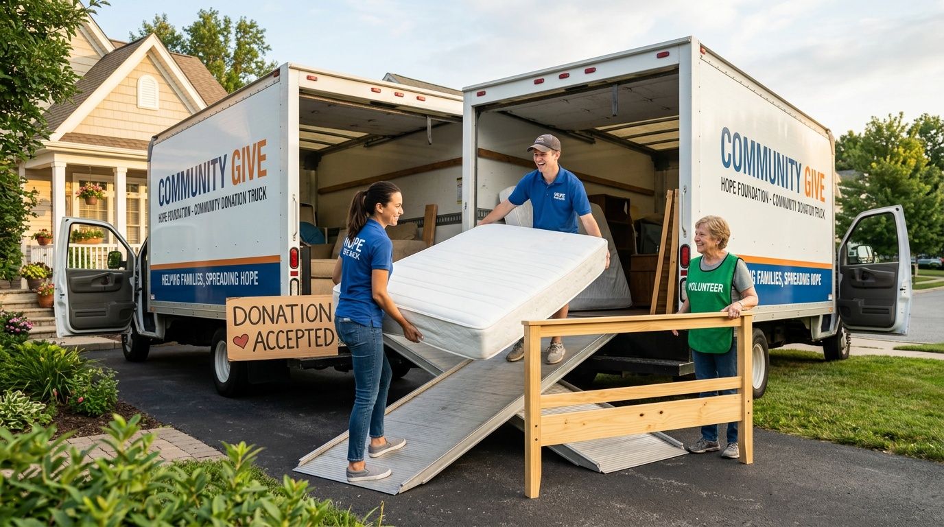 Volunteers helping to load a mattress into a Community Give donation truck parked in a suburban driveway.