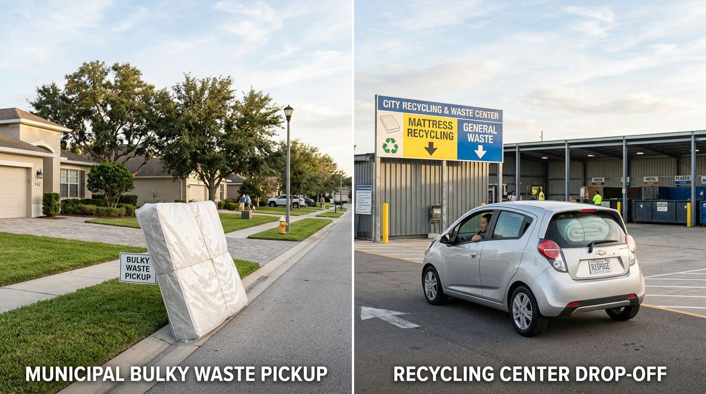 A split screen comparing bulky waste curbside pickup and a city recycling center mattress drop-off facility.