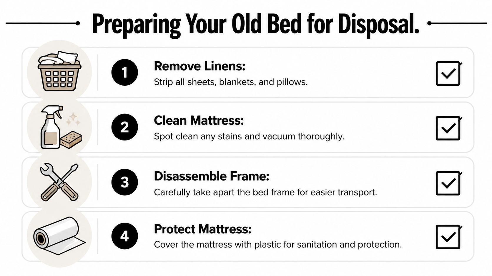 An infographic titled Preparing Your Old Bed for Disposal listing four steps for disposing of furniture.