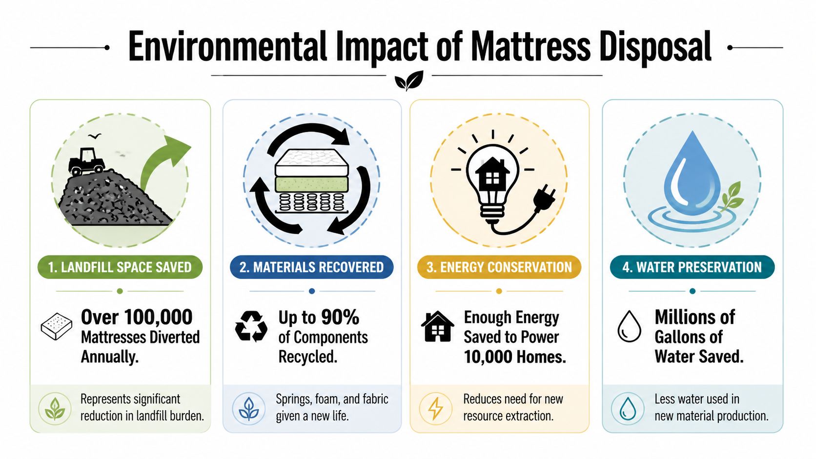 An infographic showing environmental benefits of recycling mattresses, including landfill space, material recovery, energy, and water conservation.