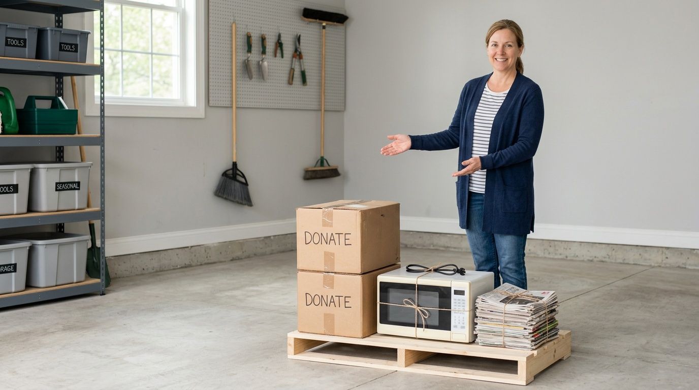 Junk Hauling Services Gilroy: Fast & Affordable 6 A woman stands in a garage next to a pallet filled with boxes and items for donation.