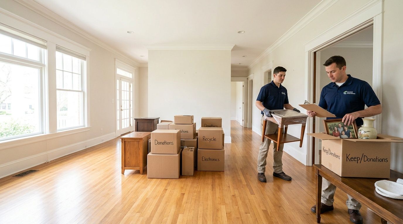 Junk Hauling Services Gilroy: Fast & Affordable 4 Two professional movers in uniform organizing household items into labeled boxes in an empty spacious home.