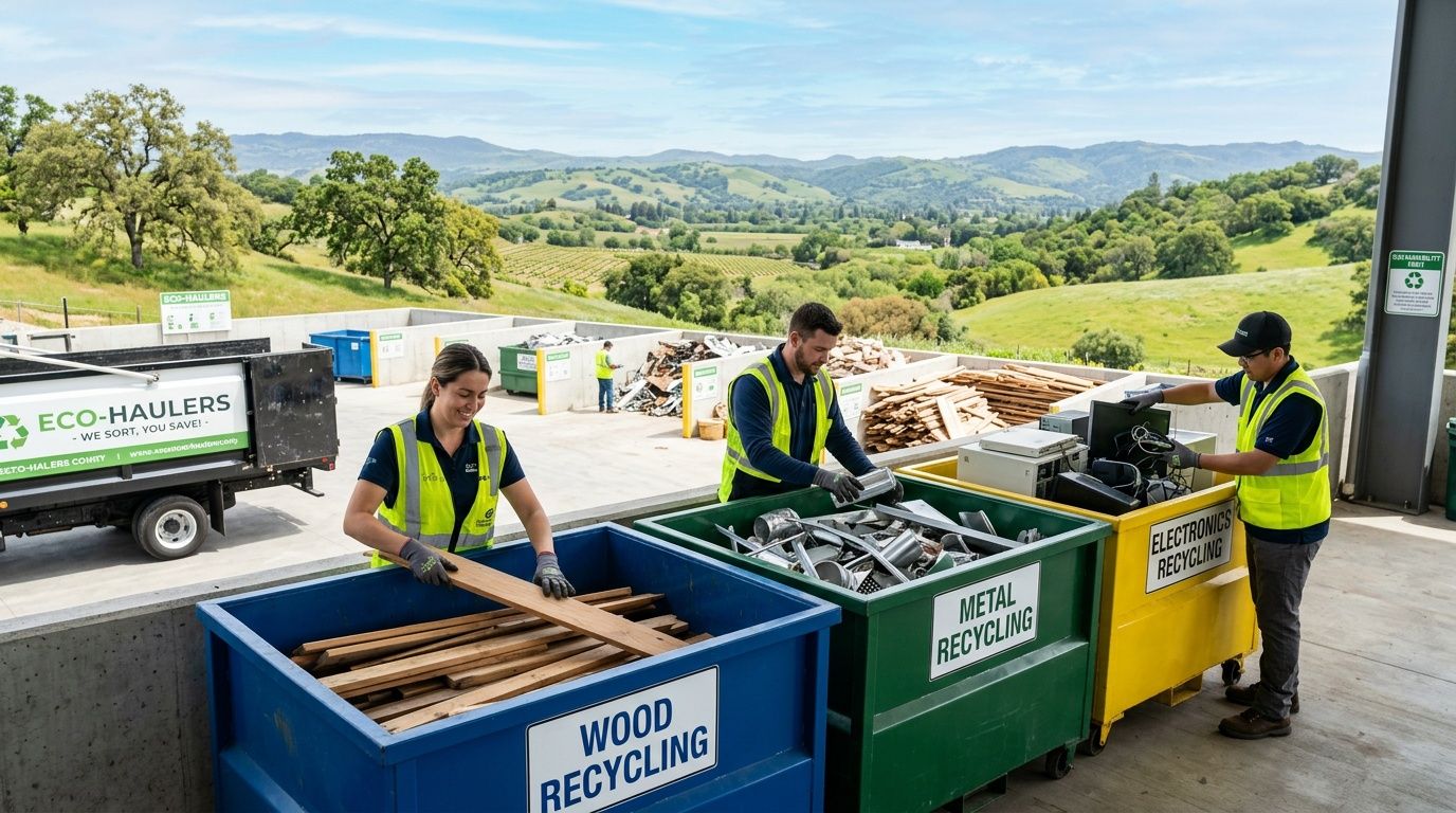 Junk Hauling Services Gilroy: Fast & Affordable 5 Workers in high-visibility vests sorting recyclable wood, metal, and electronics at an outdoor waste management facility.