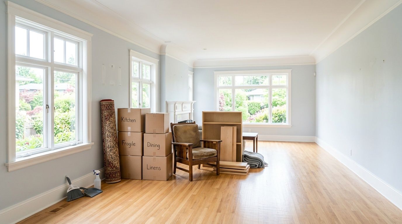 An empty living room filled with packed cardboard moving boxes, a wooden chair, and a rolled rug.