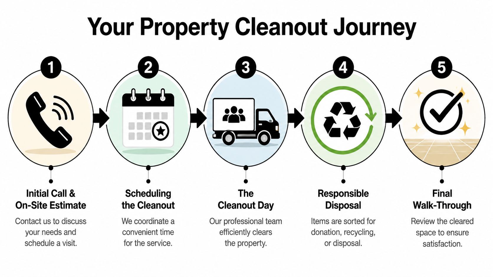 A five-step infographic showing the professional property cleanout process from initial call to final walk-through.