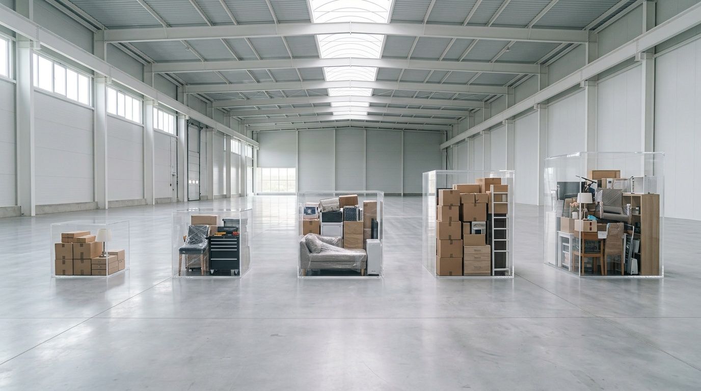 Four clear acrylic cubes containing household furniture and packed moving boxes inside a large industrial warehouse.