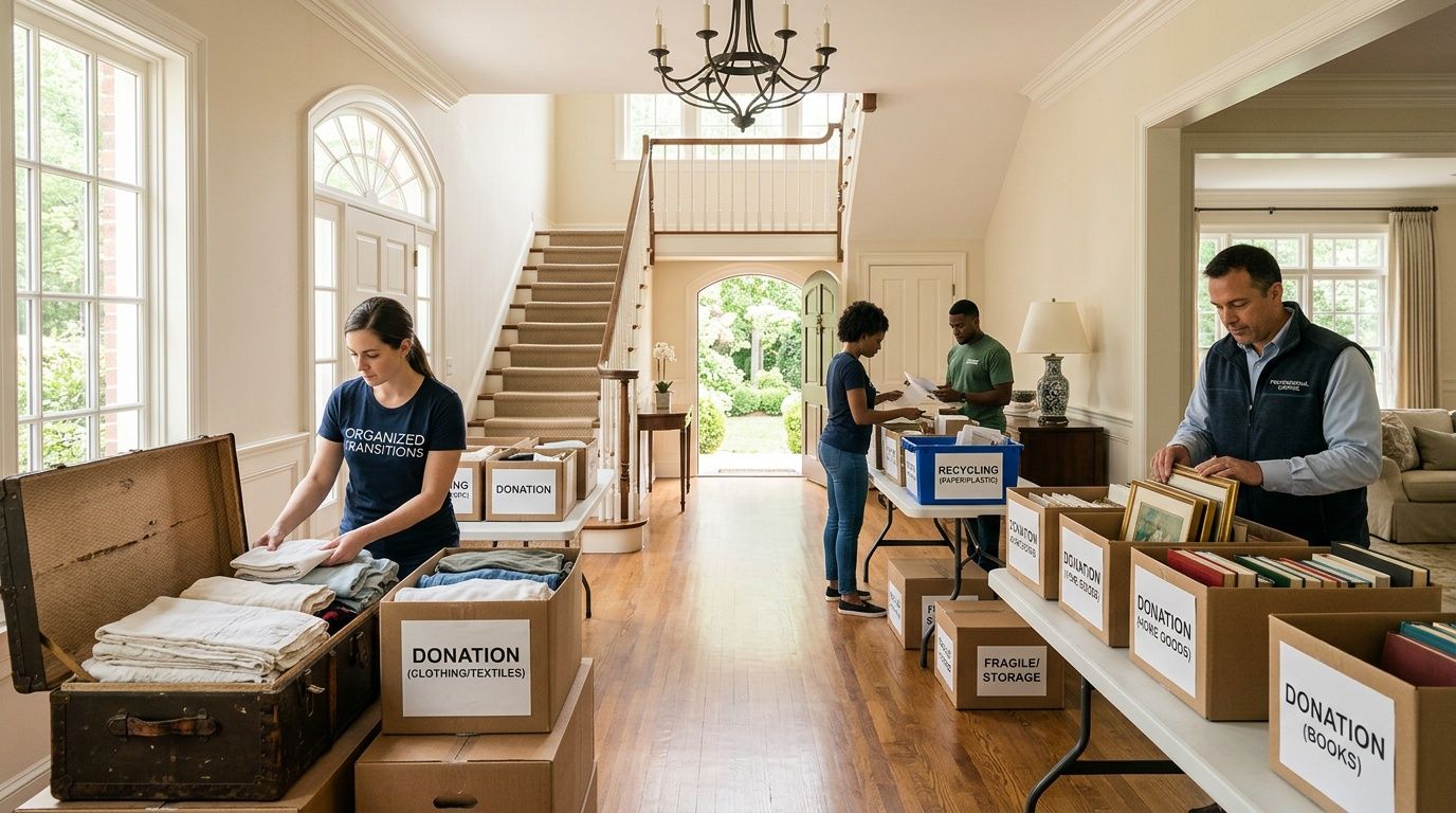 A team of organized professionals sorting and packing items for donation in a spacious bright home.