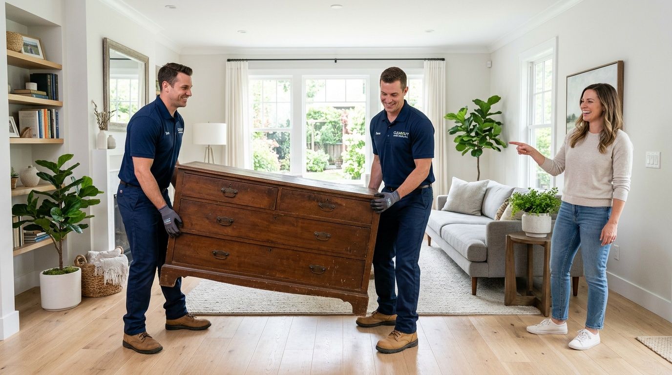 Two professional movers in uniform carrying a wooden dresser while a woman points and smiles nearby.