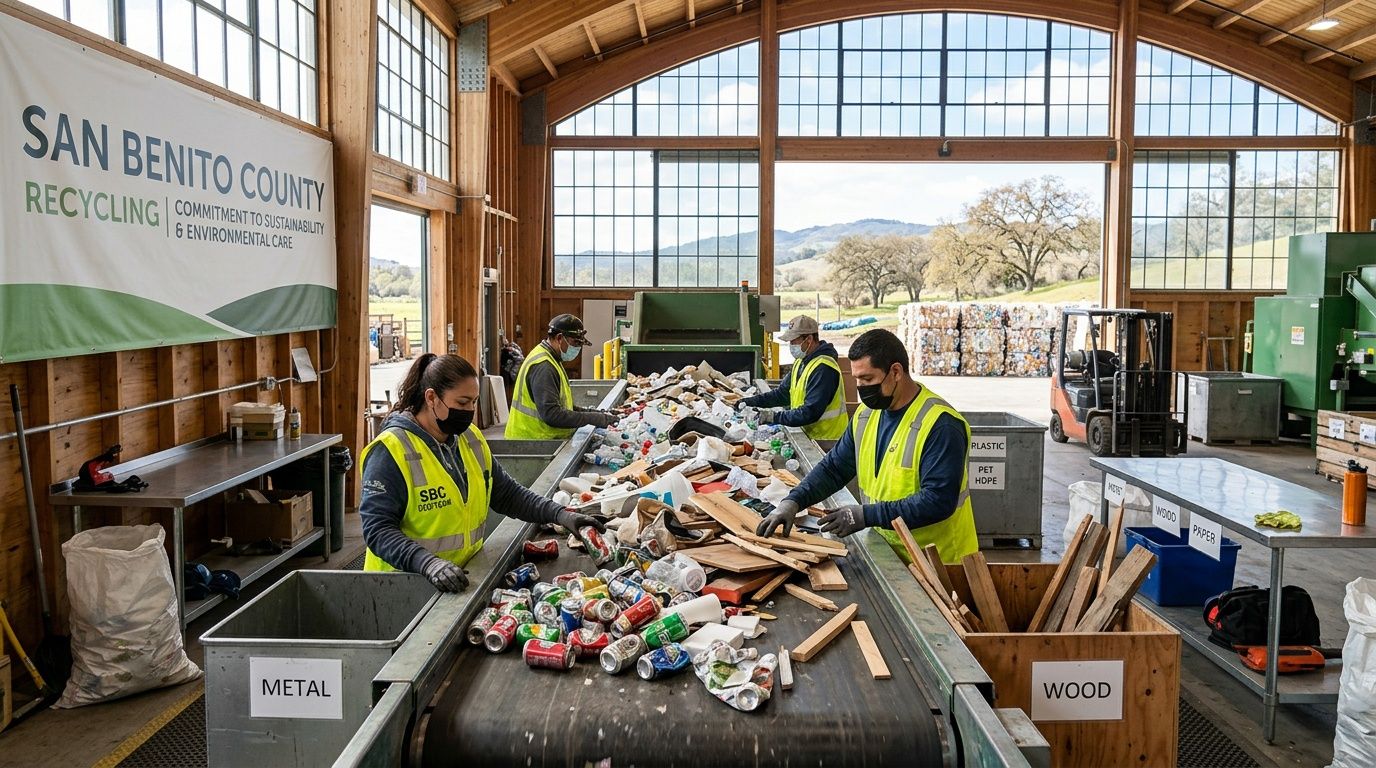 Workers in safety vests sorting recyclable materials on a conveyor belt at a recycling facility.