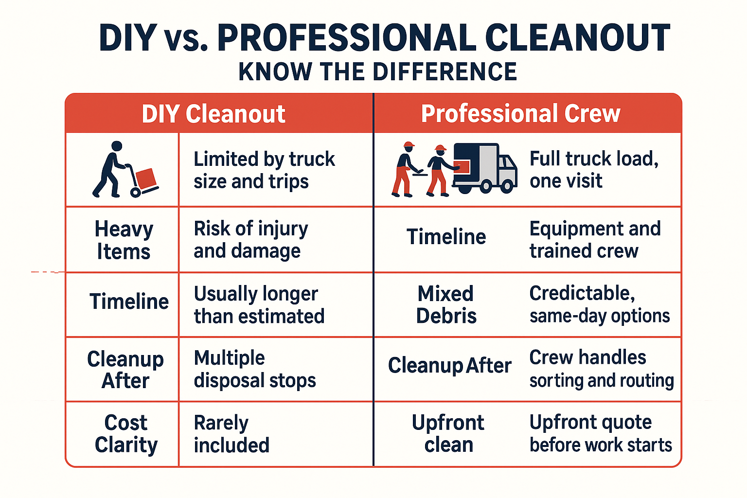 Infographic comparing DIY cleanout vs. professional crew across volume, heavy items, timeline, debris types, cleanup, and cost.