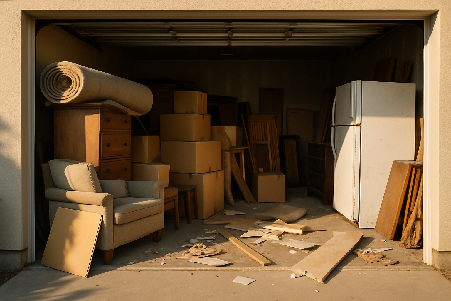 Overfilled garage packed with furniture, appliances, and debris showing a cleanout job too large to handle alone.
