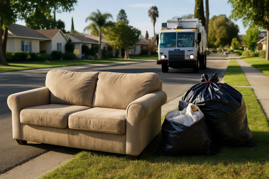 Free Bulky Pickup vs. Hiring a Hauler: How to Choose in Gilroy 4 Household items including a sofa and bagged junk set at a residential curb for bulky item pickup in Gilroy CA