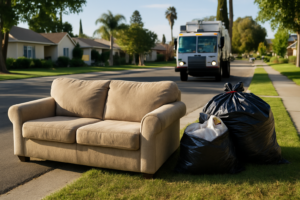 Home 24 Household items including a sofa and bagged junk set at a residential curb for bulky item pickup in Gilroy CA