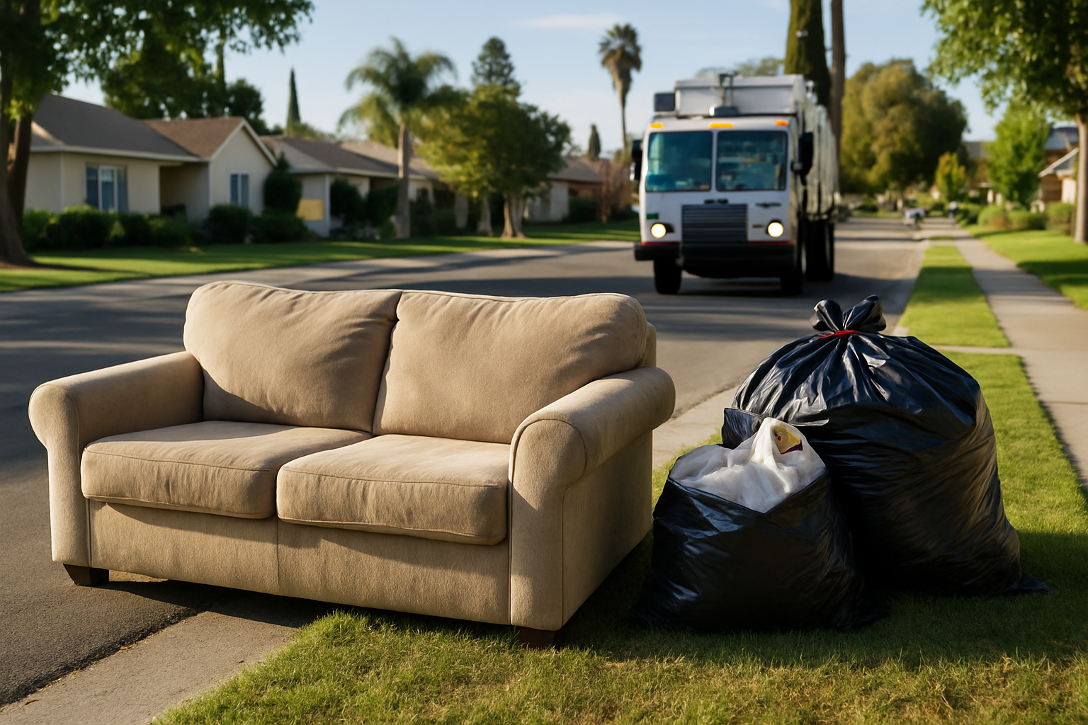 Household items including a sofa and bagged junk set at a residential curb for bulky item pickup in Gilroy CA