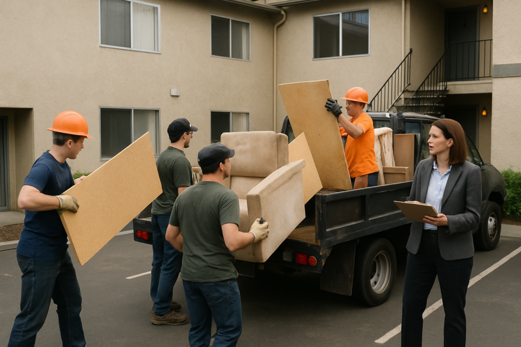 What Contractors and Property Managers Actually Need From a Hauling Crew 16 Hauling crew loading debris from a vacant unit for a property manager overseeing work