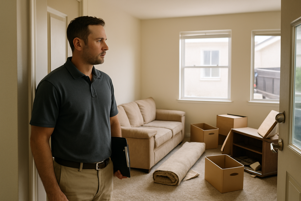 What Property Managers Need From a Hauling Crew (and Rarely Get) 1 Property manager surveying furniture and debris left behind in a vacant rental unit before a cleanout