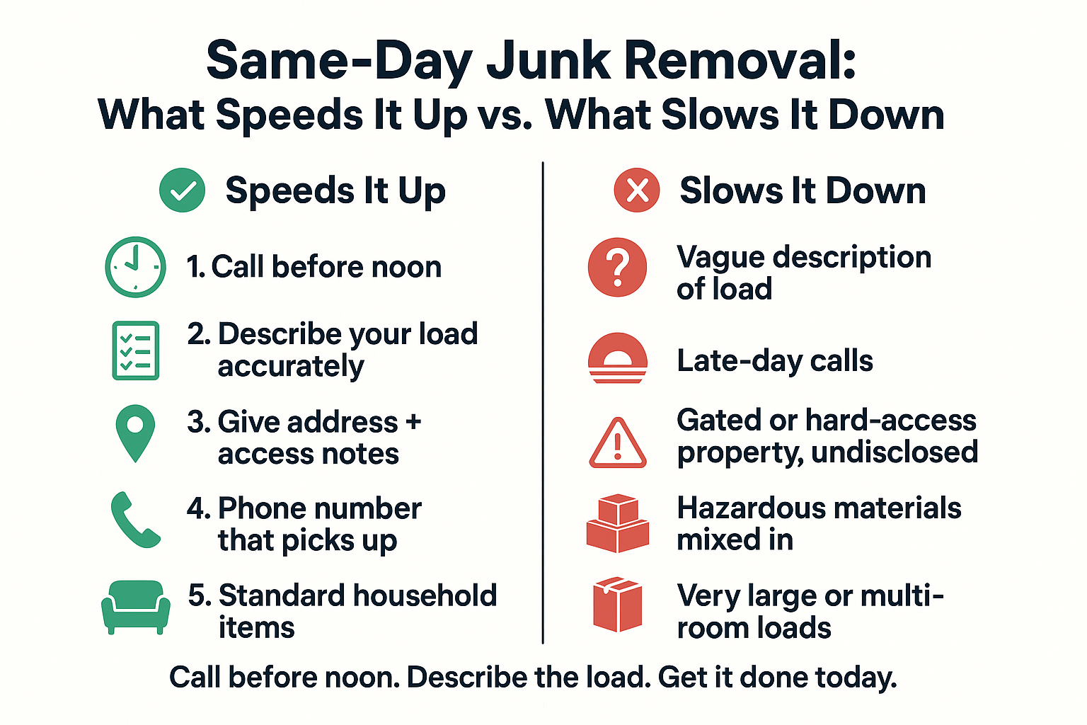 What Speeds Up a Same-Day Haul (and What Slows It Down) 2 Infographic comparing what speeds up vs. slows down same-day scheduling in Hollister.