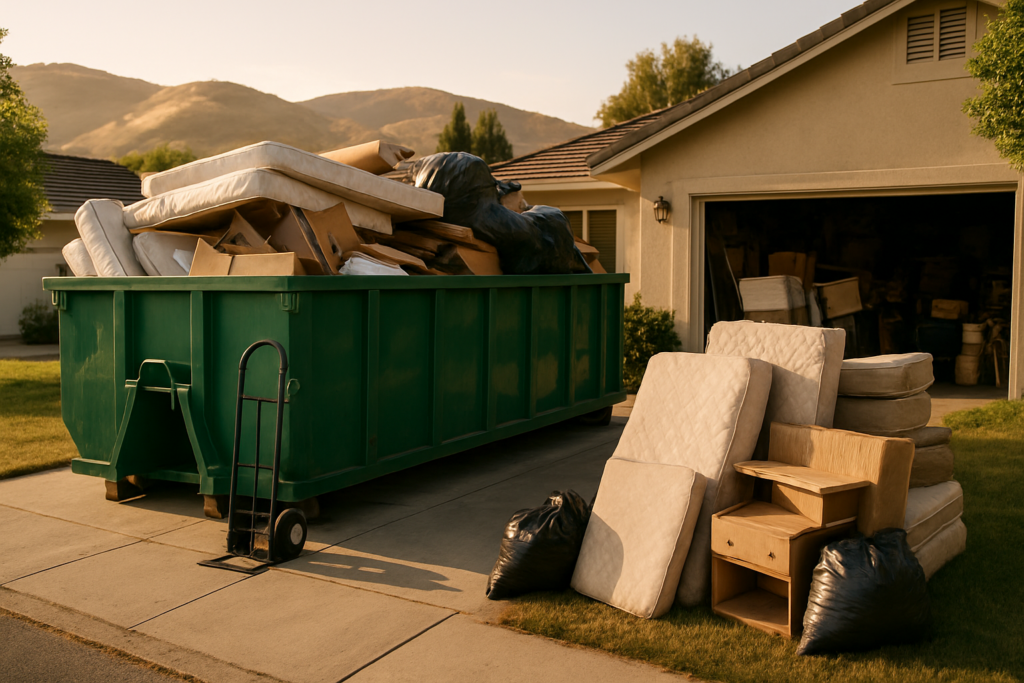 When a Cleanout Job Is Too Big for One Truck: How Large Jobs Actually Get Scoped 10 Roll-off dumpster on a driveway being filled during a large property cleanout, packed garage in background