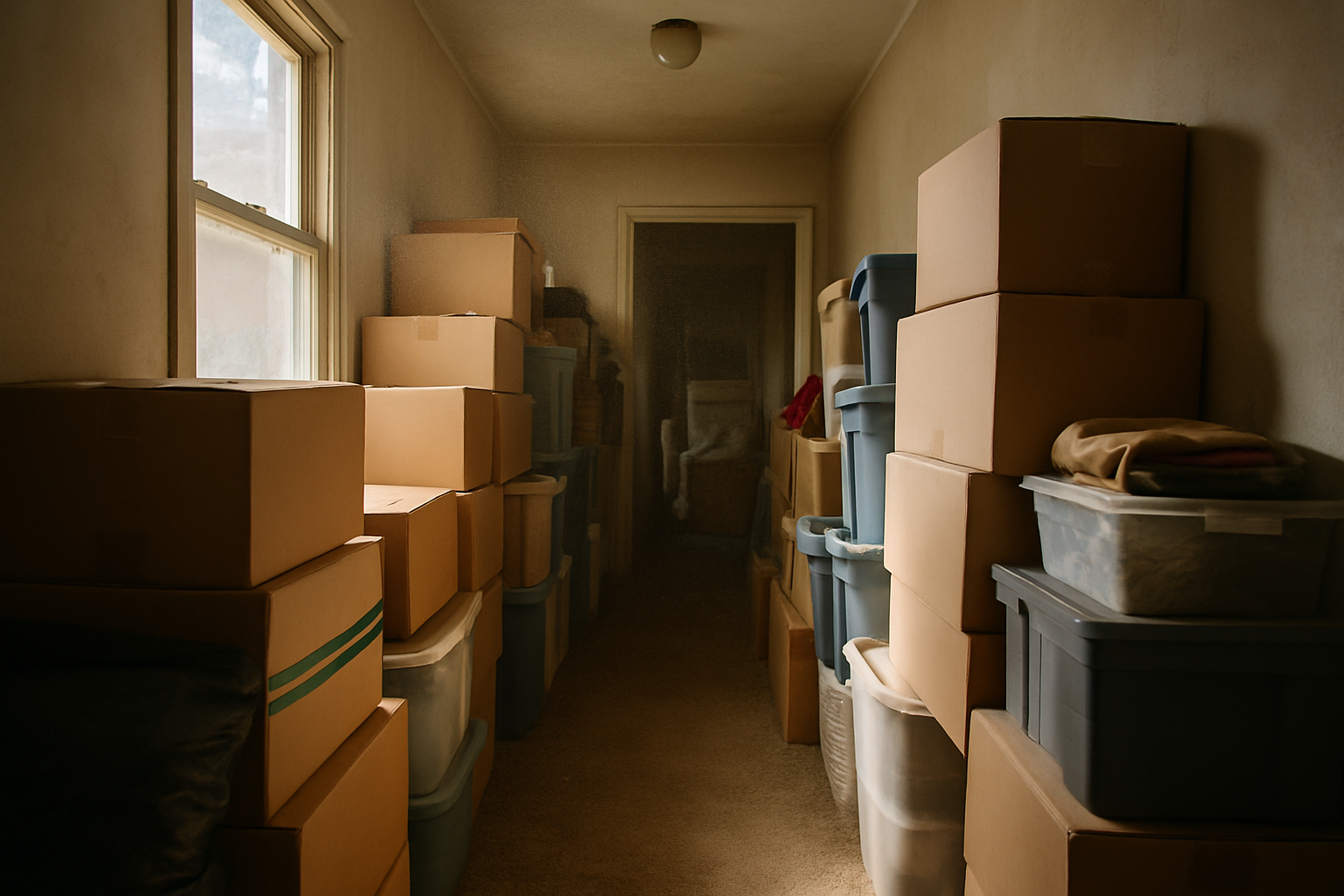 When a Cleanout Job Is Too Big for One Truck: How Large Jobs Actually Get Scoped 1 Narrow hallway in a house blocked by chest-high stacked boxes, showing why access limits cleanout speed