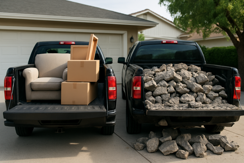 Why Two Hauling Jobs in Hollister Can Cost Completely Different Amounts 19 Two truck beds side by side, one with furniture and boxes, one with heavy concrete demolition debris, showing junk hauling cost differences
