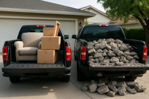 Two truck beds side by side, one with furniture and boxes, one with heavy concrete demolition debris, showing junk hauling cost differences