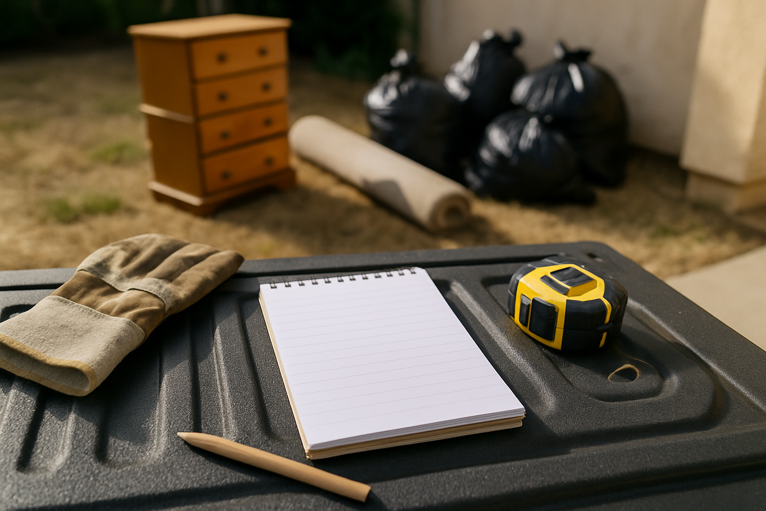 Calling for a Same-Day Haul: What Information Gets You Booked Faster 1 Notepad and pencil on a truck tailgate with a pile of old furniture and bags waiting in the background