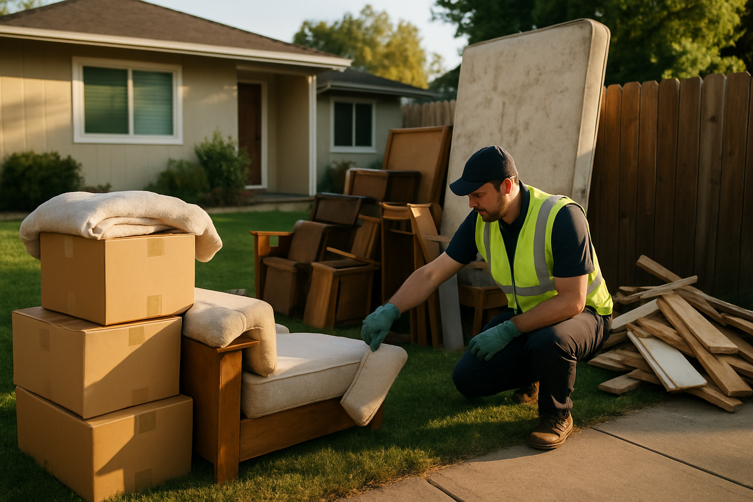 Clearing a Property Before a Sale: What the Timeline Actually Looks Like 1 Worker sorting staged donation, junk, and construction debris piles on a front lawn before a haul