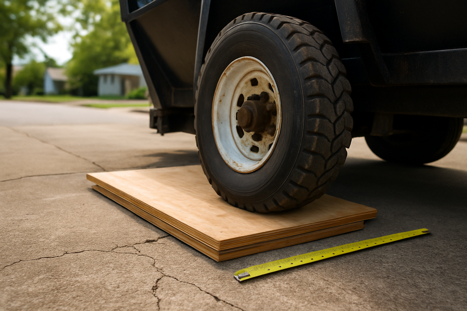 Plywood laid under a dumpster wheel to protect cracked concrete on a residential driveway