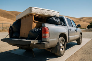 Home 26 Pickup truck loaded with household junk waiting at a rural landfill scale in dry summer hills