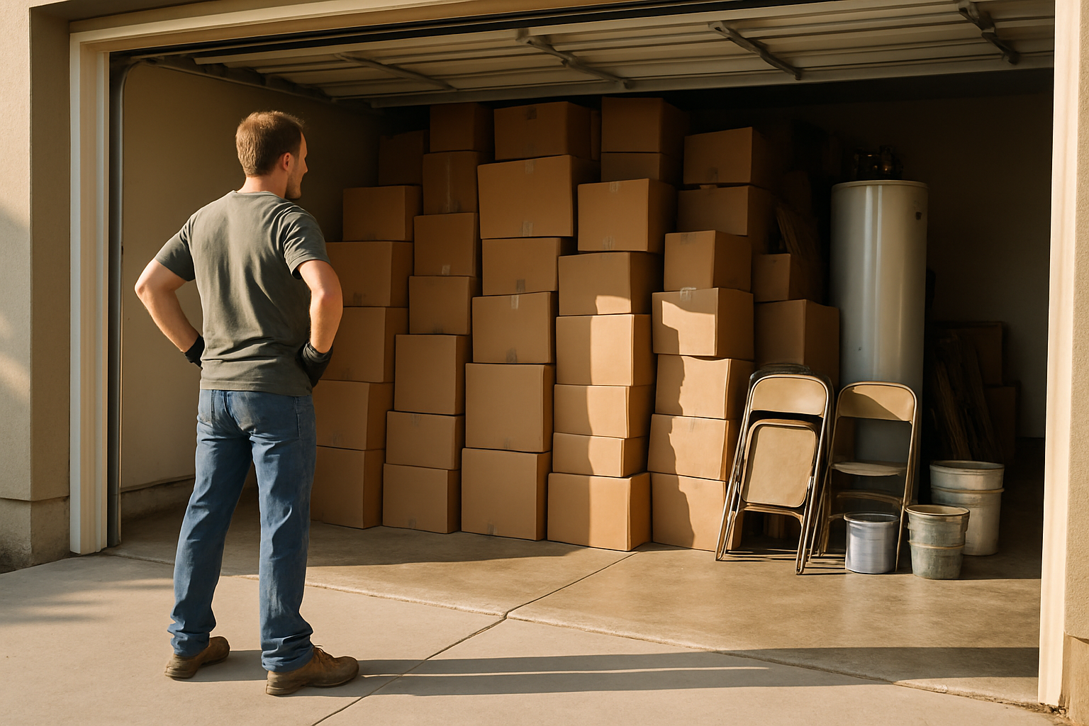 Homeowner standing in a packed garage full of boxes, an old water heater, and paint cans before a cleanout