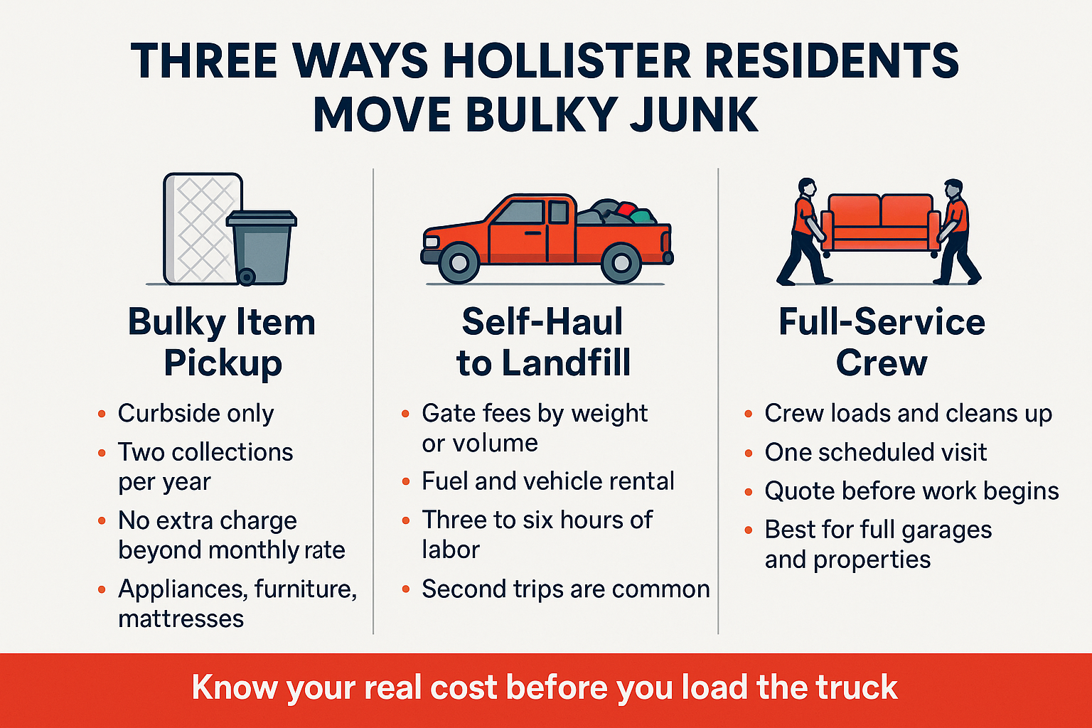 Infographic comparing bulky item pickup, self-haul to the landfill, and full-service in Hollister