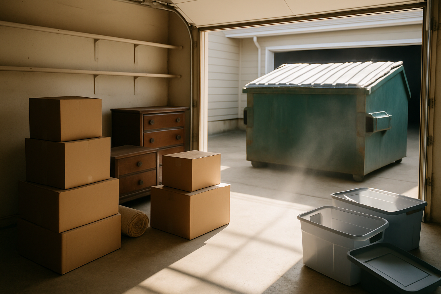 How Long Should You Actually Keep a Dumpster? A Realistic Rental Timeline 1 Garage mid-cleanout with sorted box piles, old furniture and rolled carpet on the concrete floor