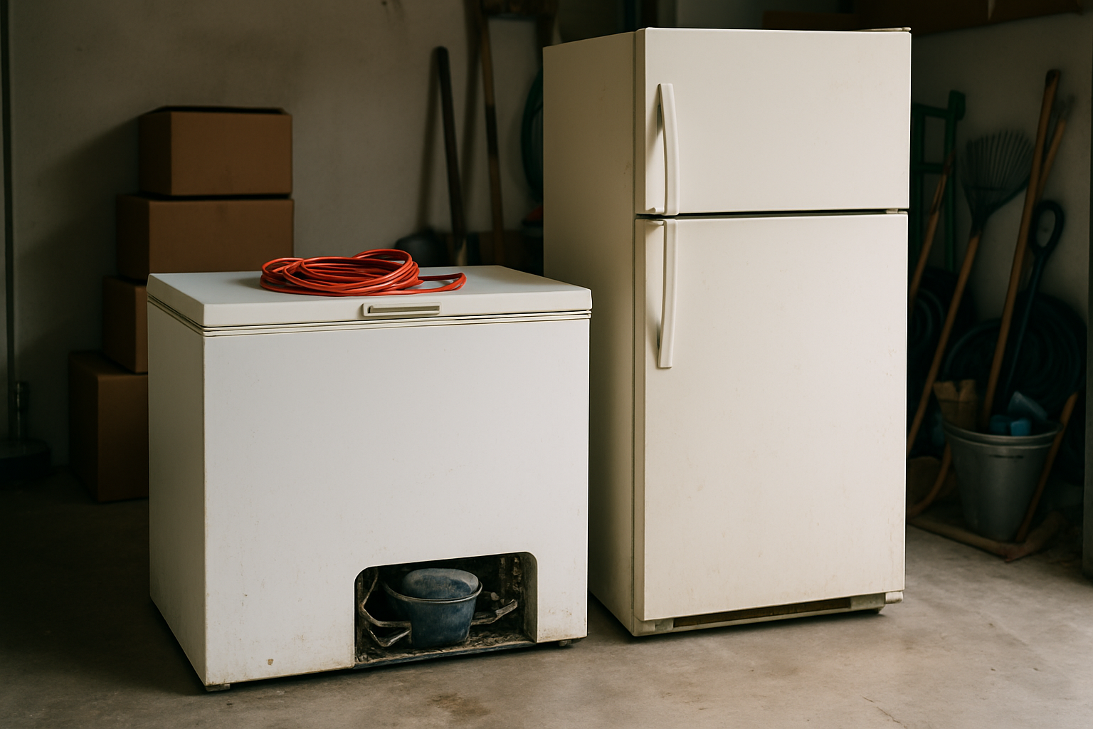 Items That Look Simple to Haul and Aren't: A Gilroy Homeowner's Reality Check 1 Old refrigerator and chest freezer unplugged in a garage waiting for pickup and refrigerant recovery