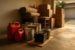 Home 26 Latas de pintura, aceite de motor, batería y tanque de propano separados en una cochera antes de una limpieza
