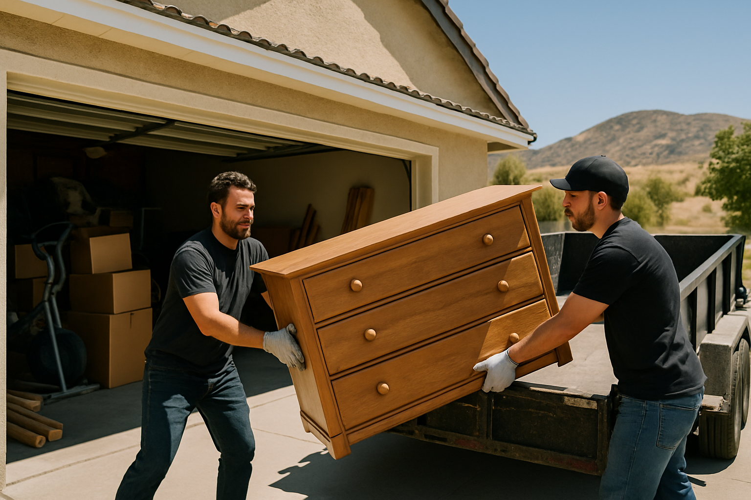 ¿Sale más barato llevar la basura usted mismo o contratar a un equipo? 1 Dos trabajadores cargando un mueble pesado de una cochera llena a un remolque de volteo