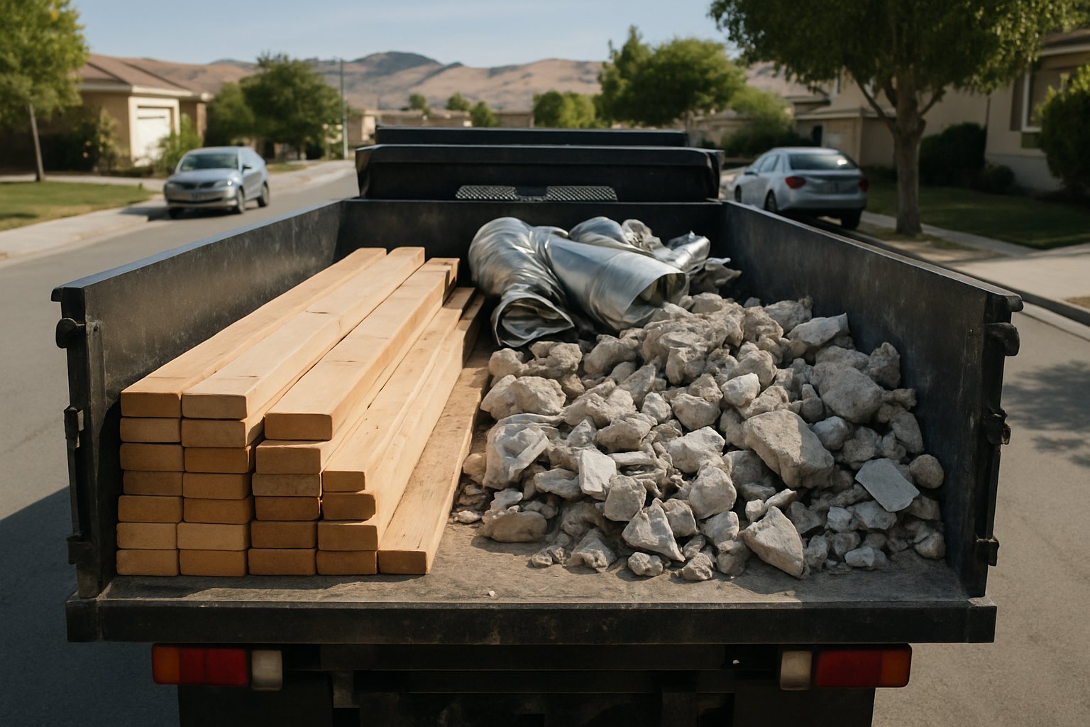 Truck bed loaded with separated lumber, broken concrete and scrap metal from a home renovation