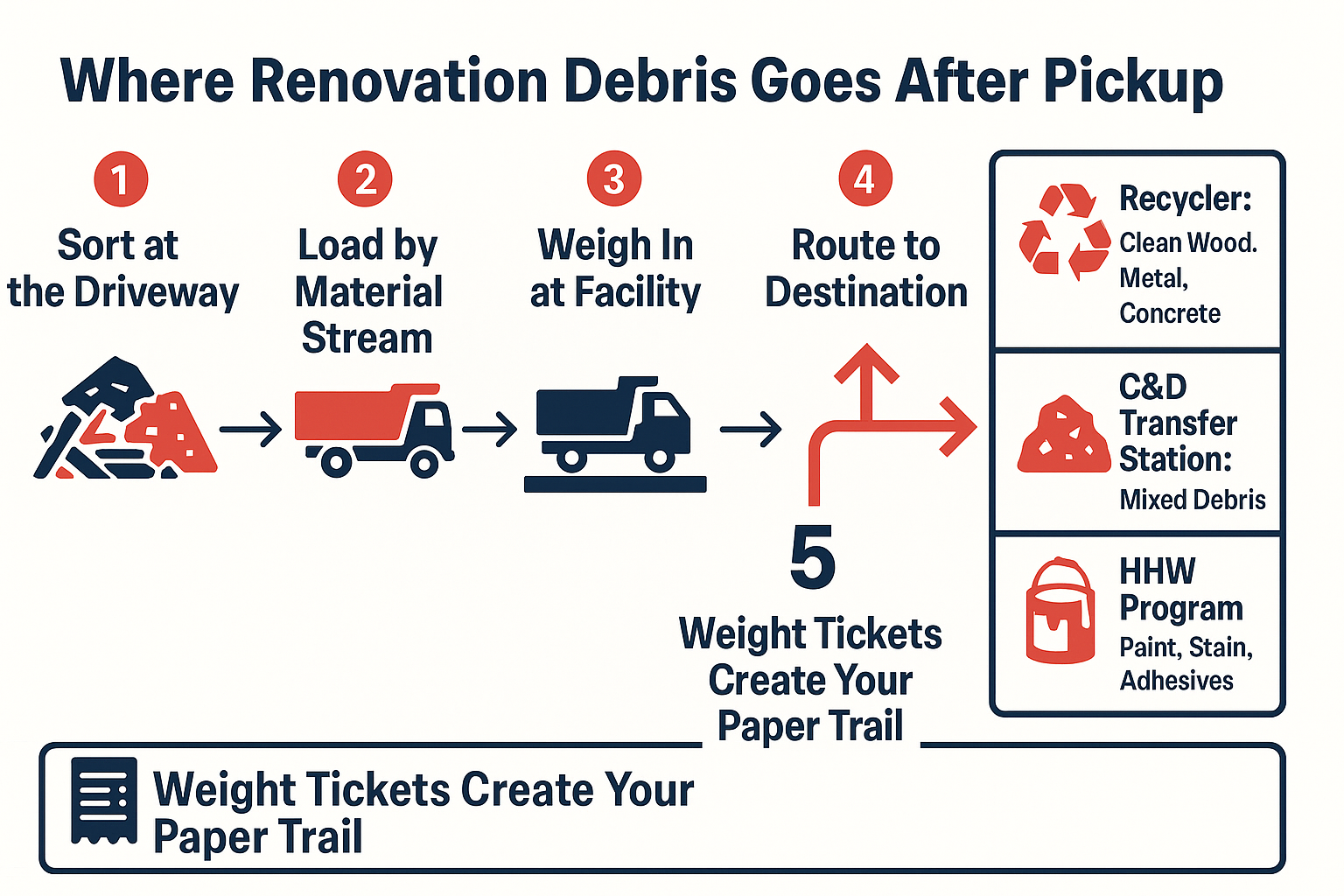 Infographic showing how renovation debris is sorted, weighed and routed to recyclers, transfer stations or HHW programs