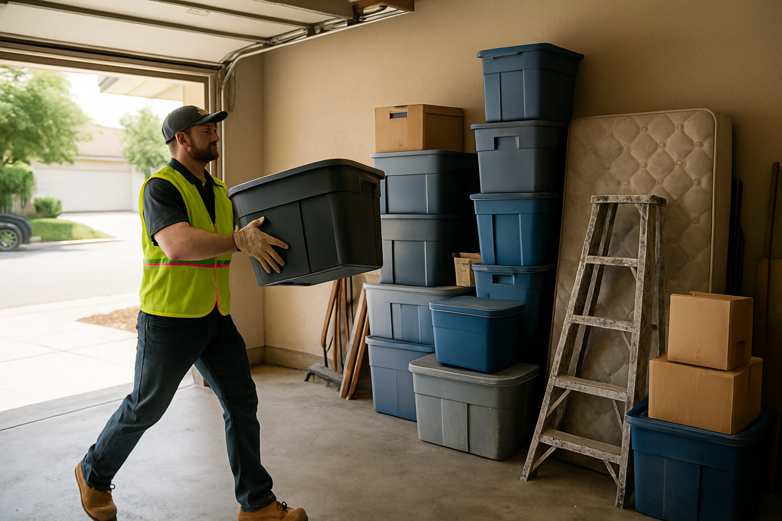 Half-cleared garage during a cleanout with one side swept clean and the other still stacked with bins and old furniture