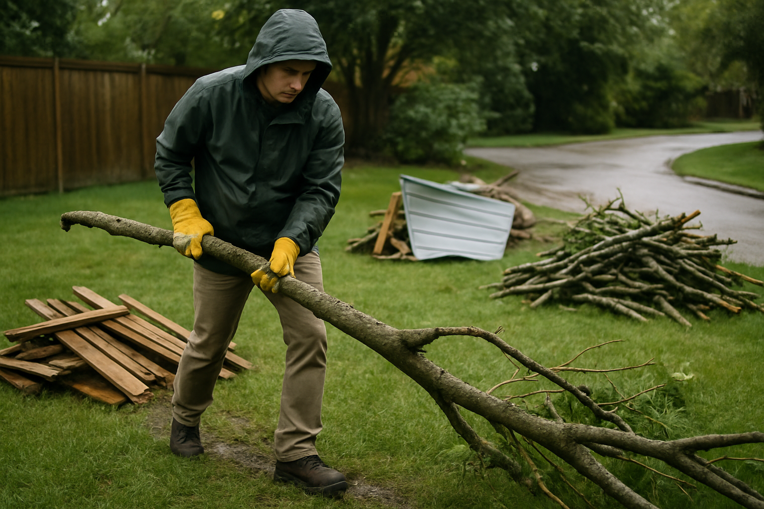 Homeowner separating cut branches from broken fence boards and bent shed metal after a storm