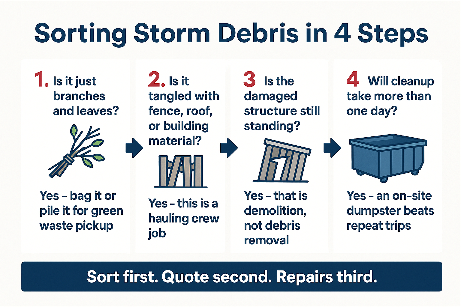 Infographic showing a four step flow for sorting into green waste, hauling, demolition, and dumpster jobs