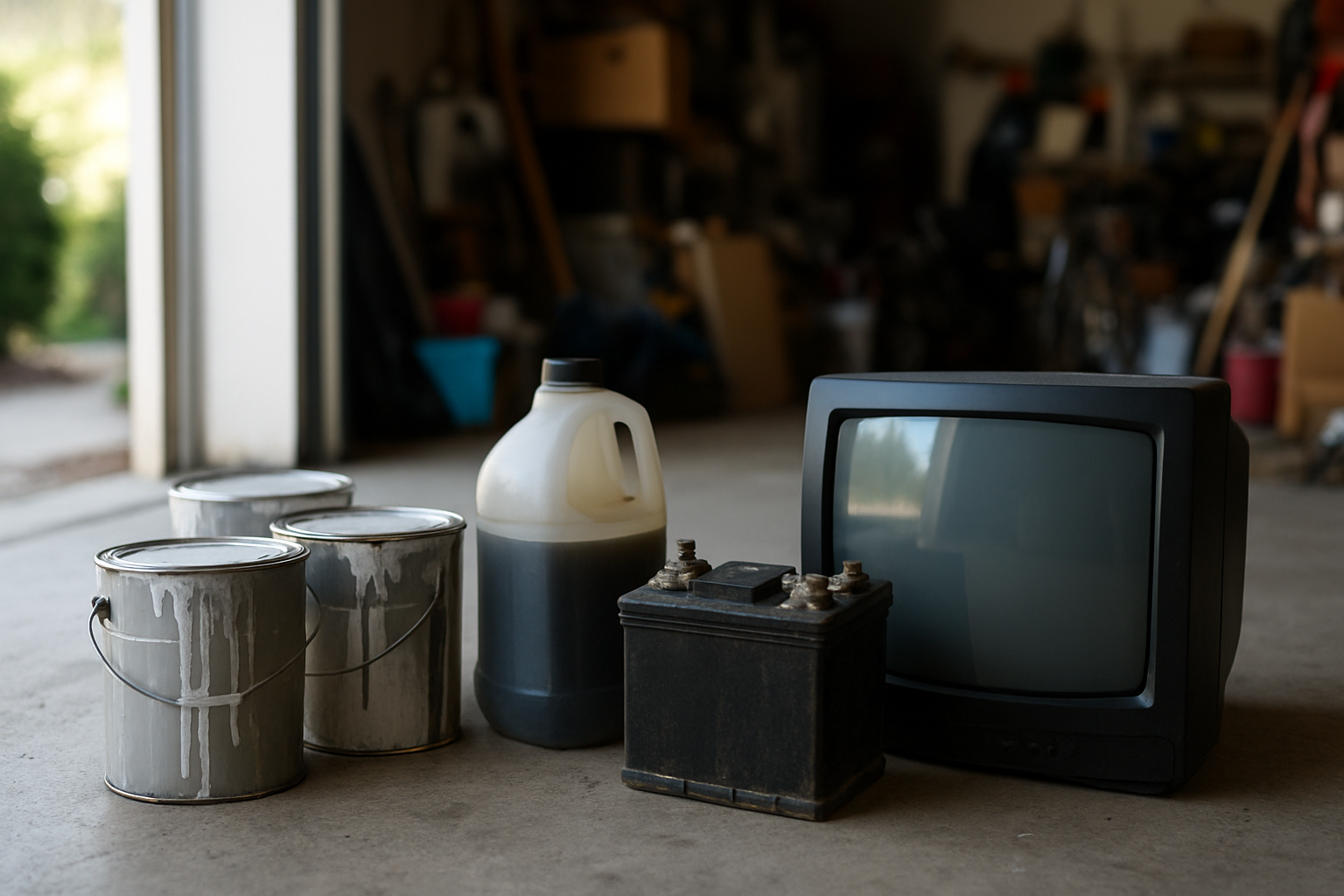 Paint cans, used motor oil, a car battery and an old TV set aside on a garage floor before a cleanout
