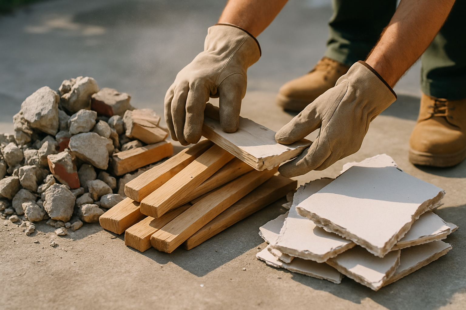 Gloved worker separating concrete, wood framing, and drywall into three piles on a demolition site