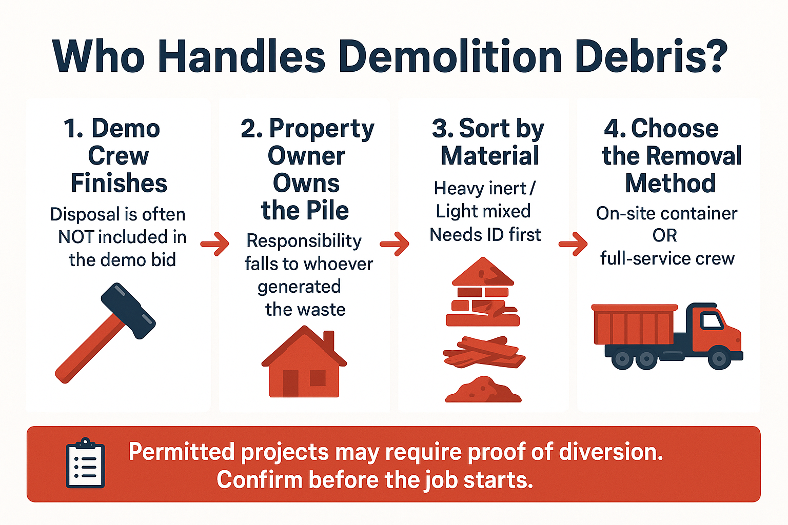 Infographic showing the four steps of demolition debris responsibility from demo crew to final removal method