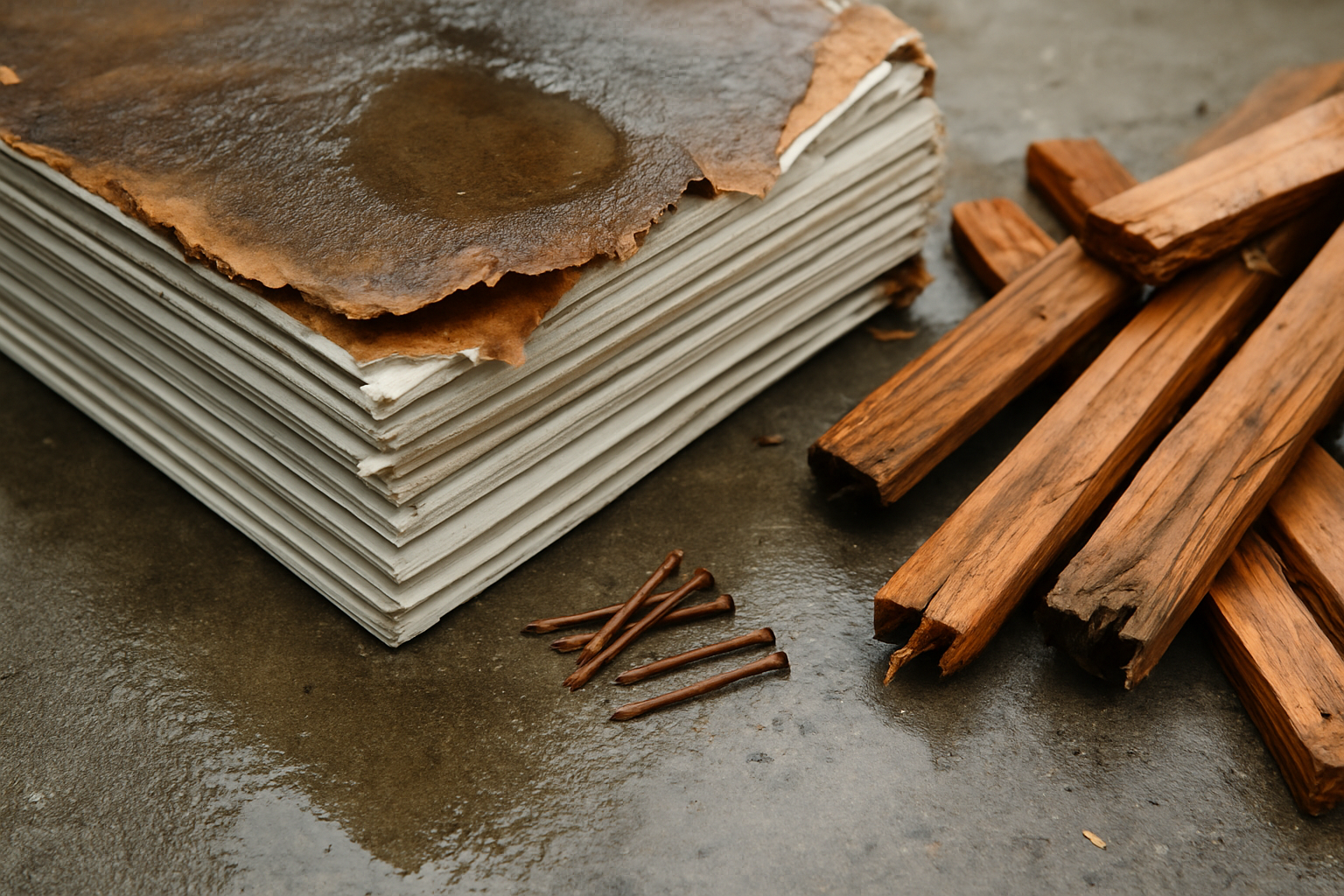 Water-damaged drywall sheets buckling and peeling after being left outside through rain