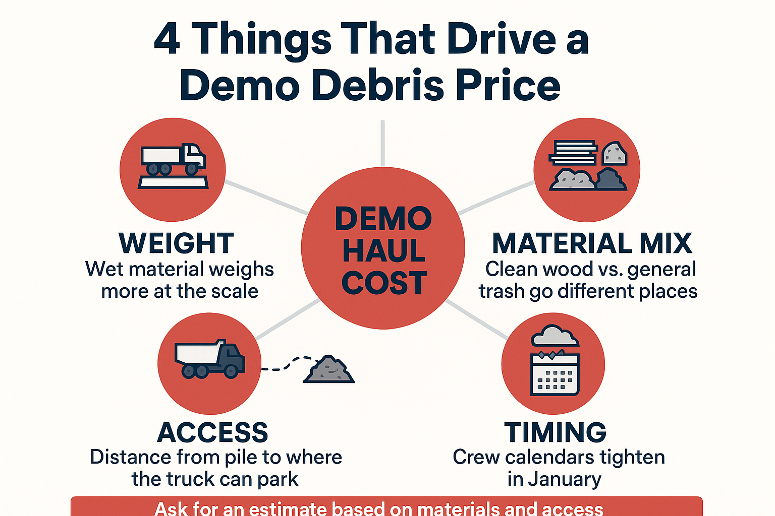 Infographic showing four demolition debris removal cost drivers: weight, material mix, access, and timing