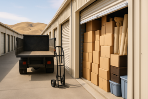 Home 26 Open storage unit packed to the ceiling with boxes and furniture during a storage unit cleanout, truck parked in the aisle