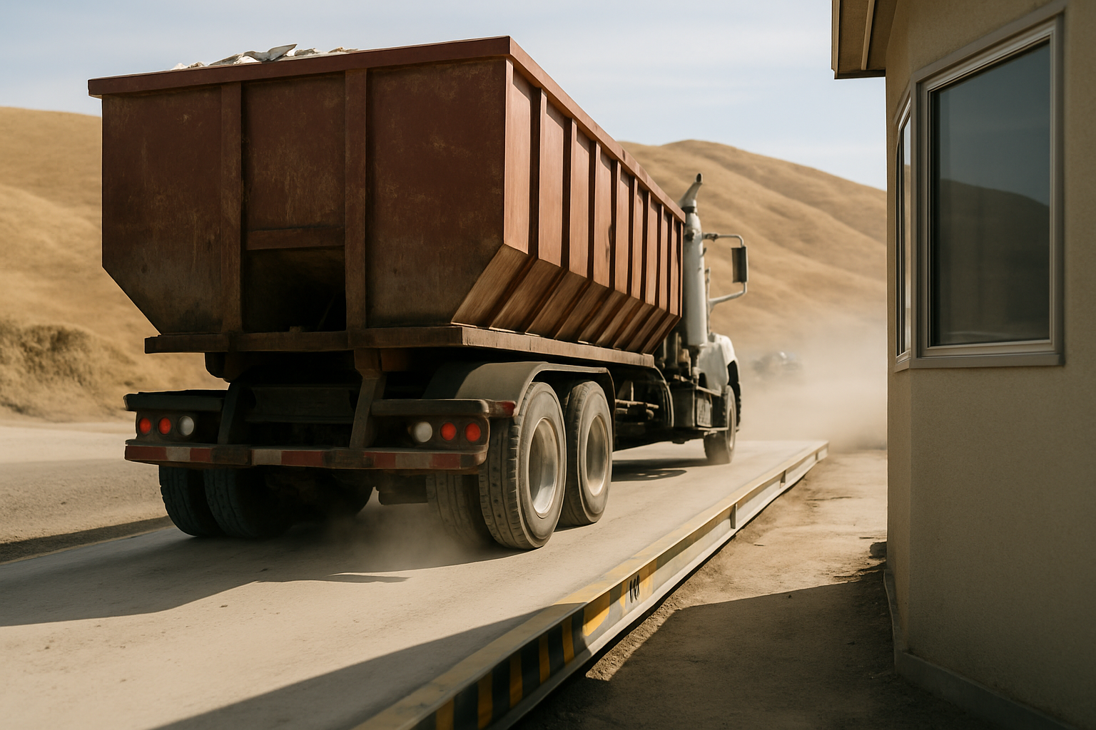 Loaded roll-off truck sitting on a landfill truck scale being weighed before dumping
